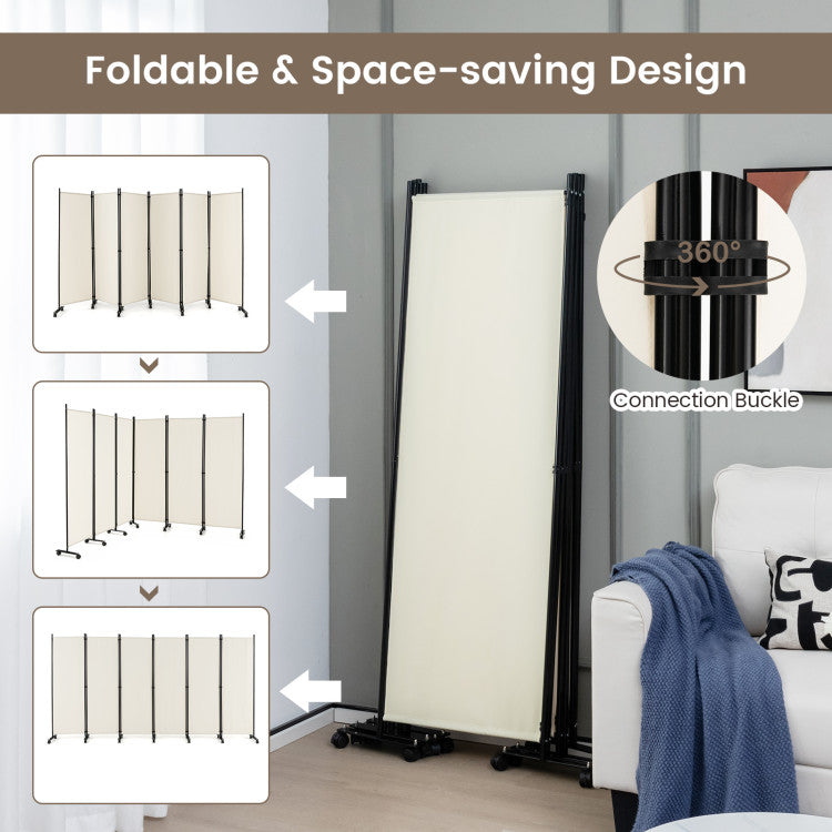 6 Panels 5.7 Feet Tall Rolling Room Divider with Lockable Wheels