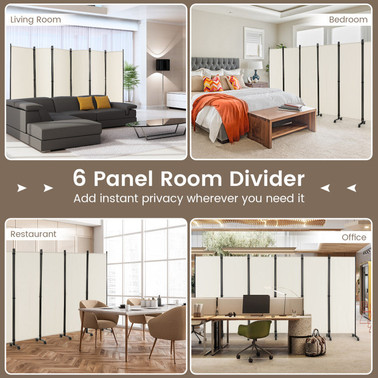 6 Panels 5.7 Feet Tall Rolling Room Divider with Lockable Wheels