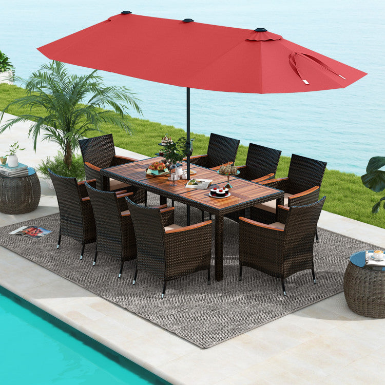 9 Piece Outdoor Dining Set with 15 Feet Double-Sided Twin Patio Umbrella and Cushions