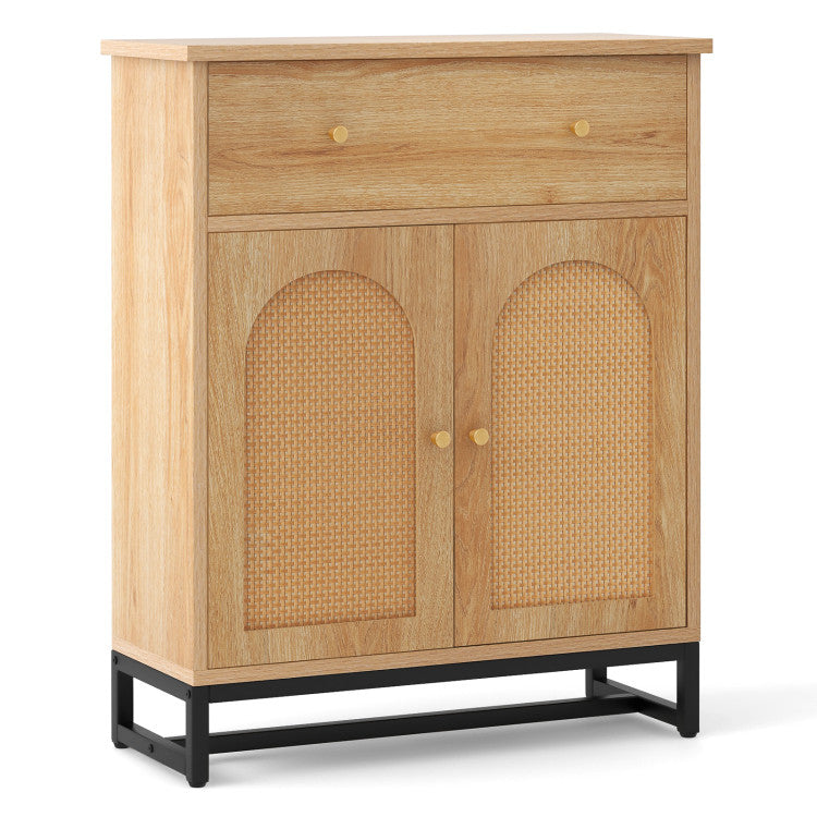 Accent Freestand Floor Storage Cabinet with Rattan Doors and Drawer for Bathroom and Kitchen