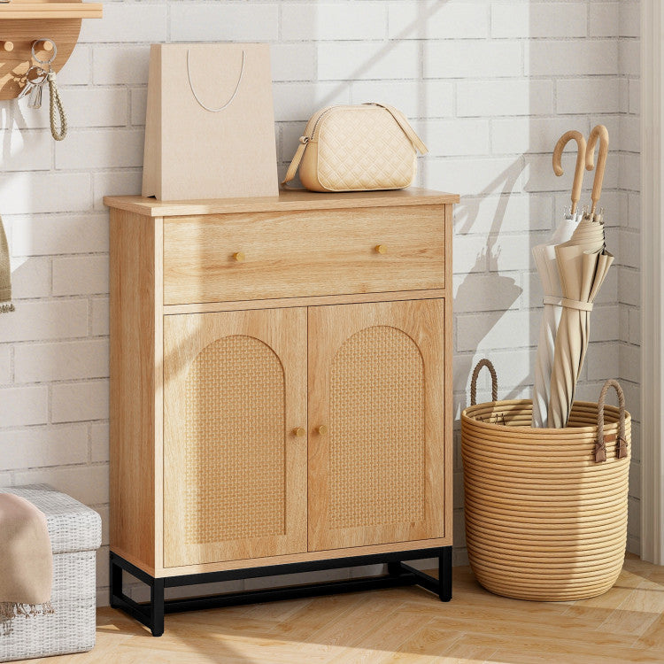 Accent Freestand Floor Storage Cabinet with Rattan Doors and Drawer for Bathroom and Kitchen