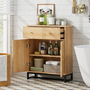 Accent Freestand Floor Storage Cabinet with Rattan Doors and Drawer for Bathroom and Kitchen