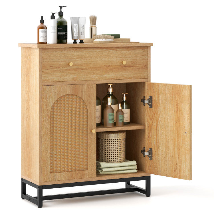 Accent Freestand Floor Storage Cabinet with Rattan Doors and Drawer for Bathroom and Kitchen