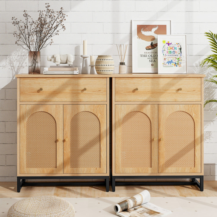 Accent Freestand Floor Storage Cabinet with Rattan Doors and Drawer for Bathroom and Kitchen