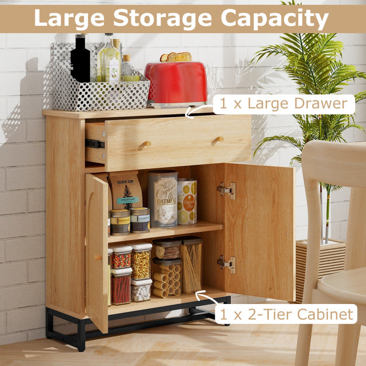 Accent Freestand Floor Storage Cabinet with Rattan Doors and Drawer for Bathroom and Kitchen