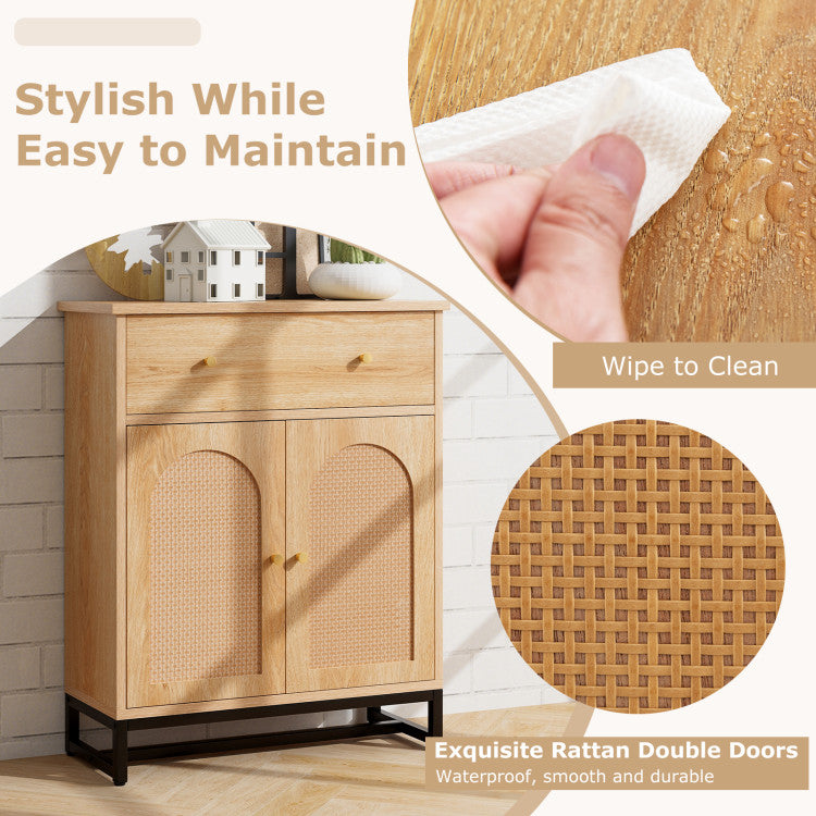 Accent Freestand Floor Storage Cabinet with Rattan Doors and Drawer for Bathroom and Kitchen