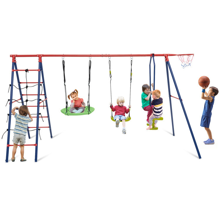 Adjustable Height 550 LBS 6-in-1 Kids Play Swing Set with Climbing Net and Ladder