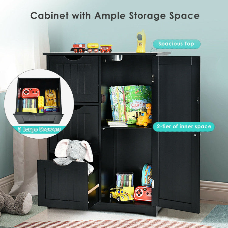 Hikidspace Floor Cabinet Side Storage Cabinet with 3 Drawers and Adjustable Shelves for Bathroom and Bedroom_Black