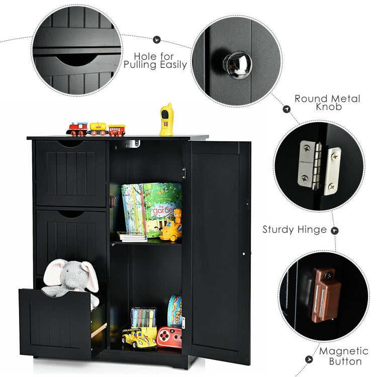 Hikidspace Floor Cabinet Side Storage Cabinet with 3 Drawers and Adjustable Shelves for Bathroom and Bedroom_Black