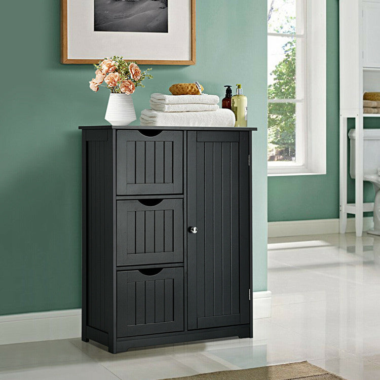 Hikidspace Floor Cabinet Side Storage Cabinet with 3 Drawers and Adjustable Shelves for Bathroom and Bedroom_Black