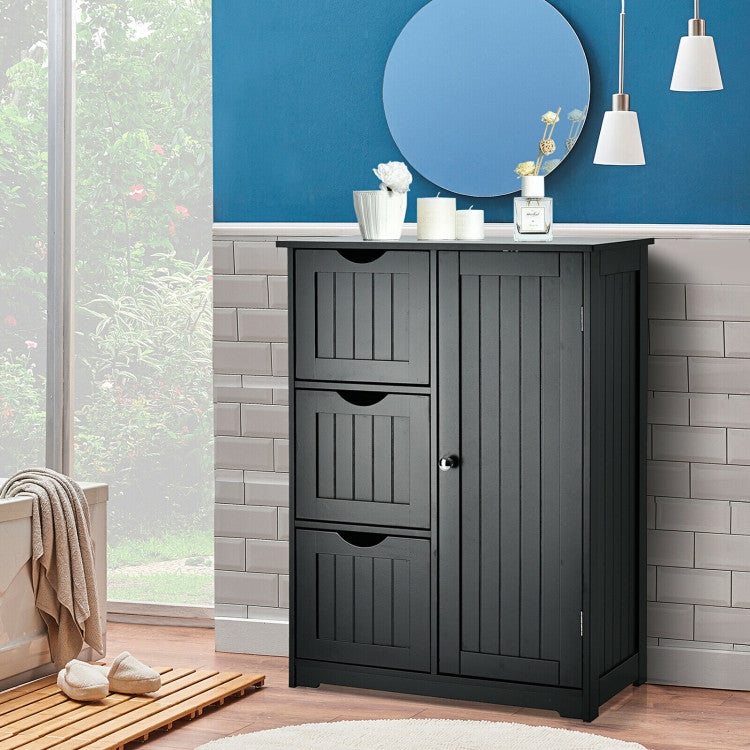 Hikidspace Floor Cabinet Side Storage Cabinet with 3 Drawers and Adjustable Shelves for Bathroom and Bedroom_Black