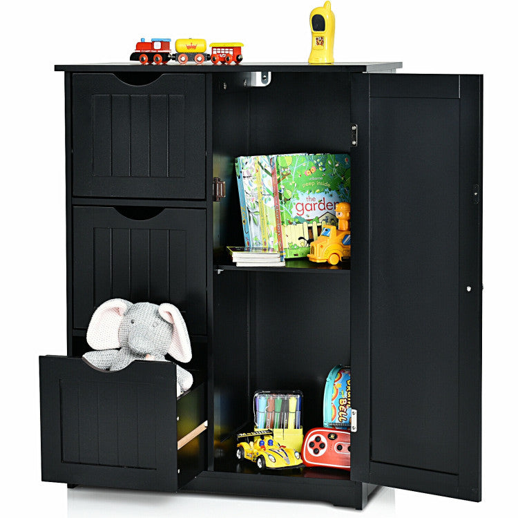 Hikidspace Floor Cabinet Side Storage Cabinet with 3 Drawers and Adjustable Shelves for Bathroom and Bedroom_Black