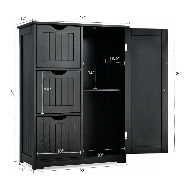 Hikidspace Floor Cabinet Side Storage Cabinet with 3 Drawers and Adjustable Shelves for Bathroom and Bedroom_Black