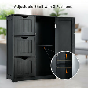 Hikidspace Floor Cabinet Side Storage Cabinet with 3 Drawers and Adjustable Shelves for Bathroom and Bedroom_Black