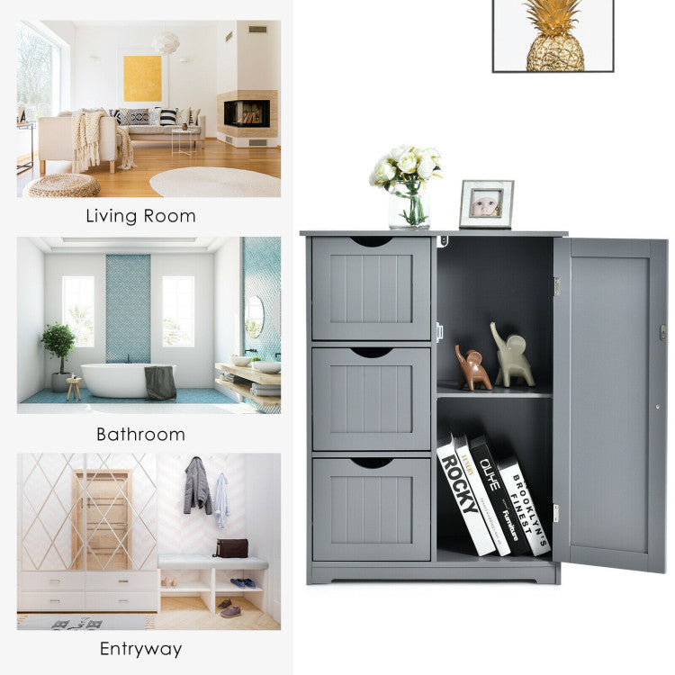 Hikidspace Floor Cabinet Side Storage Cabinet with 3 Drawers and Adjustable Shelves for Bathroom and Bedroom_Gray