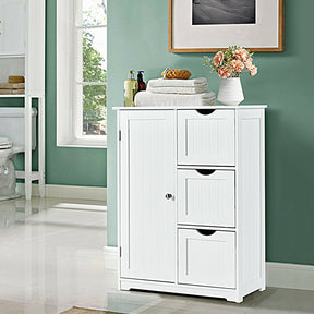 Hikidspace Floor Cabinet Side Storage Cabinet with 3 Drawers and Adjustable Shelves for Bathroom and Bedroom_White