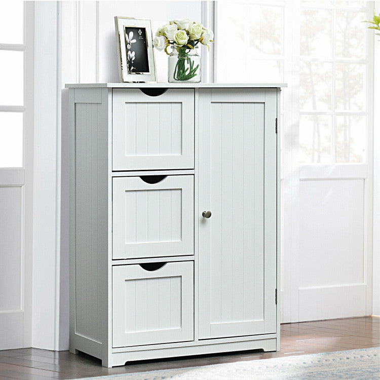 Hikidspace Floor Cabinet Side Storage Cabinet with 3 Drawers and Adjustable Shelves for Bathroom and Bedroom_White