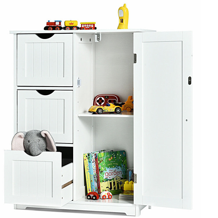 Hikidspace Floor Cabinet Side Storage Cabinet with 3 Drawers and Adjustable Shelves for Bathroom and Bedroom_White