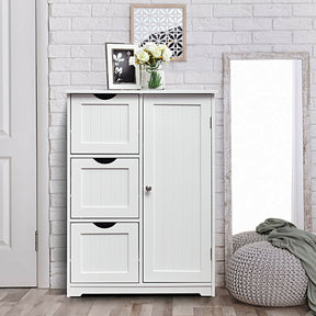 Hikidspace Floor Cabinet Side Storage Cabinet with 3 Drawers and Adjustable Shelves for Bathroom and Bedroom_White