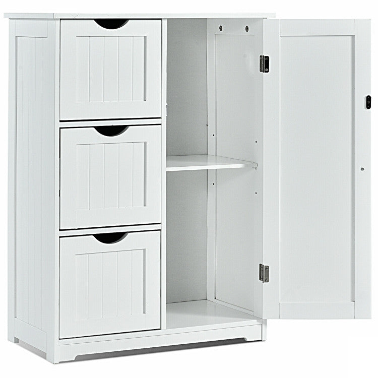 Hikidspace Floor Cabinet Side Storage Cabinet with 3 Drawers and Adjustable Shelves for Bathroom and Bedroom_White