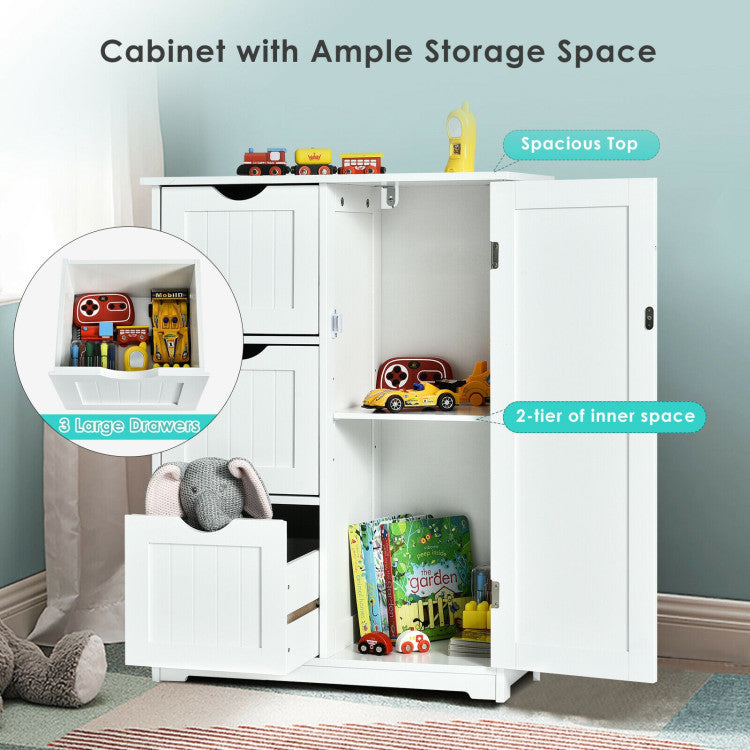 Hikidspace Floor Cabinet Side Storage Cabinet with 3 Drawers and Adjustable Shelves for Bathroom and Bedroom_White