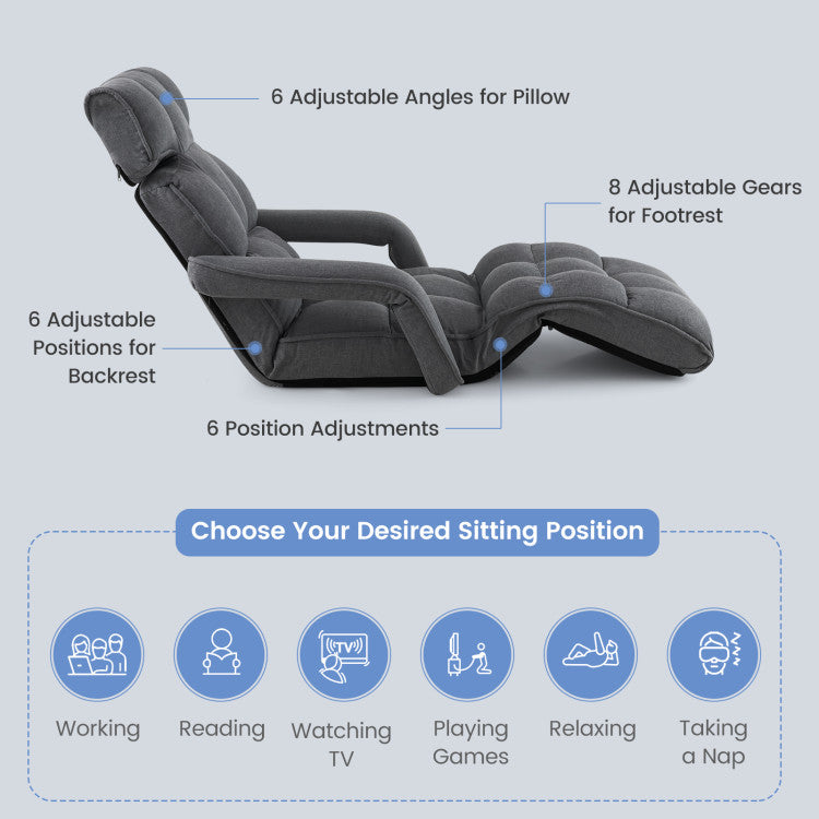 Foldable Floor Chair Sofa with 6 Position Adjustable Backrest and Footrest