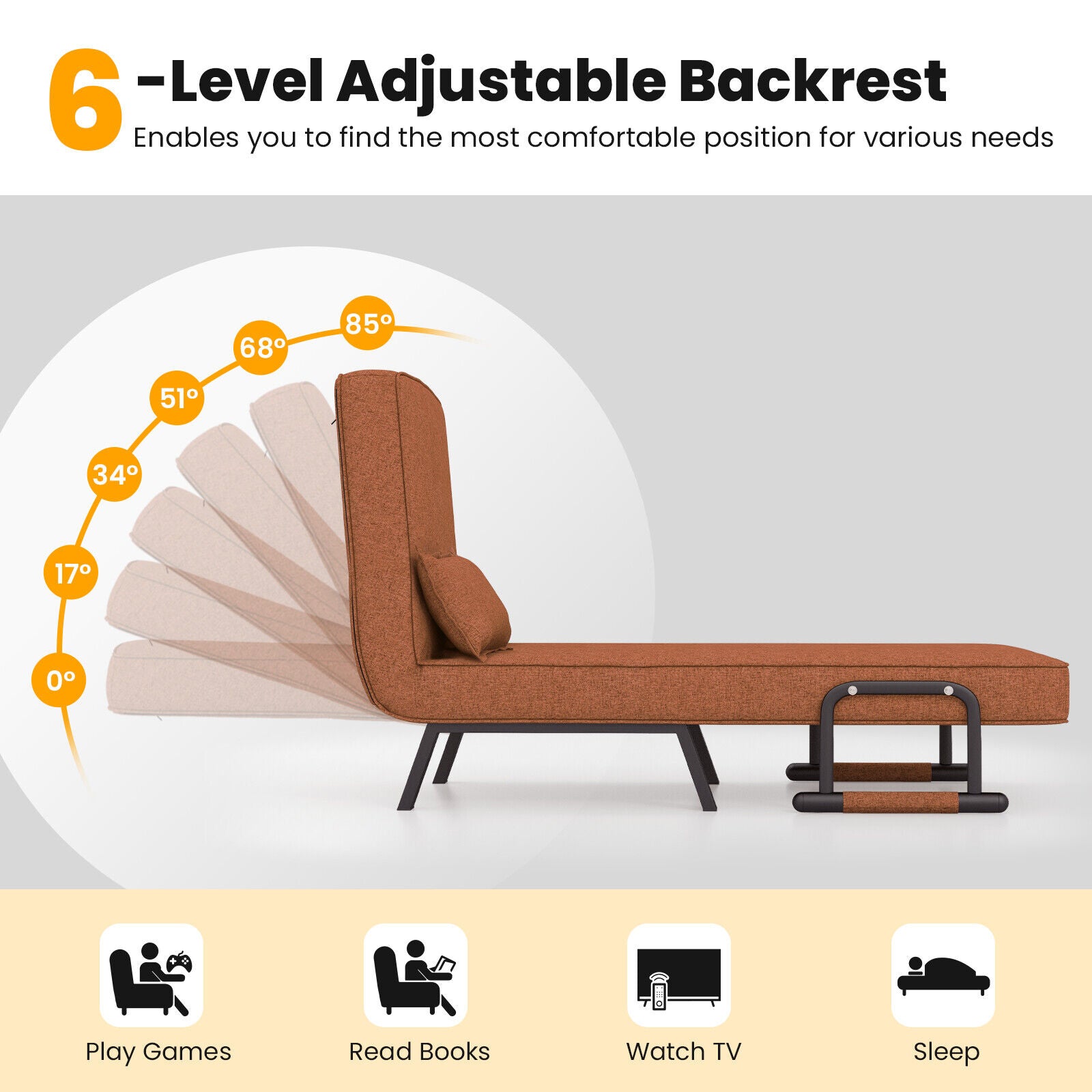 Folding Convertible Sleeper Bed Armchair Sofa Lounge Couch Recliner with Pillow and 6 Adjustable Backrest