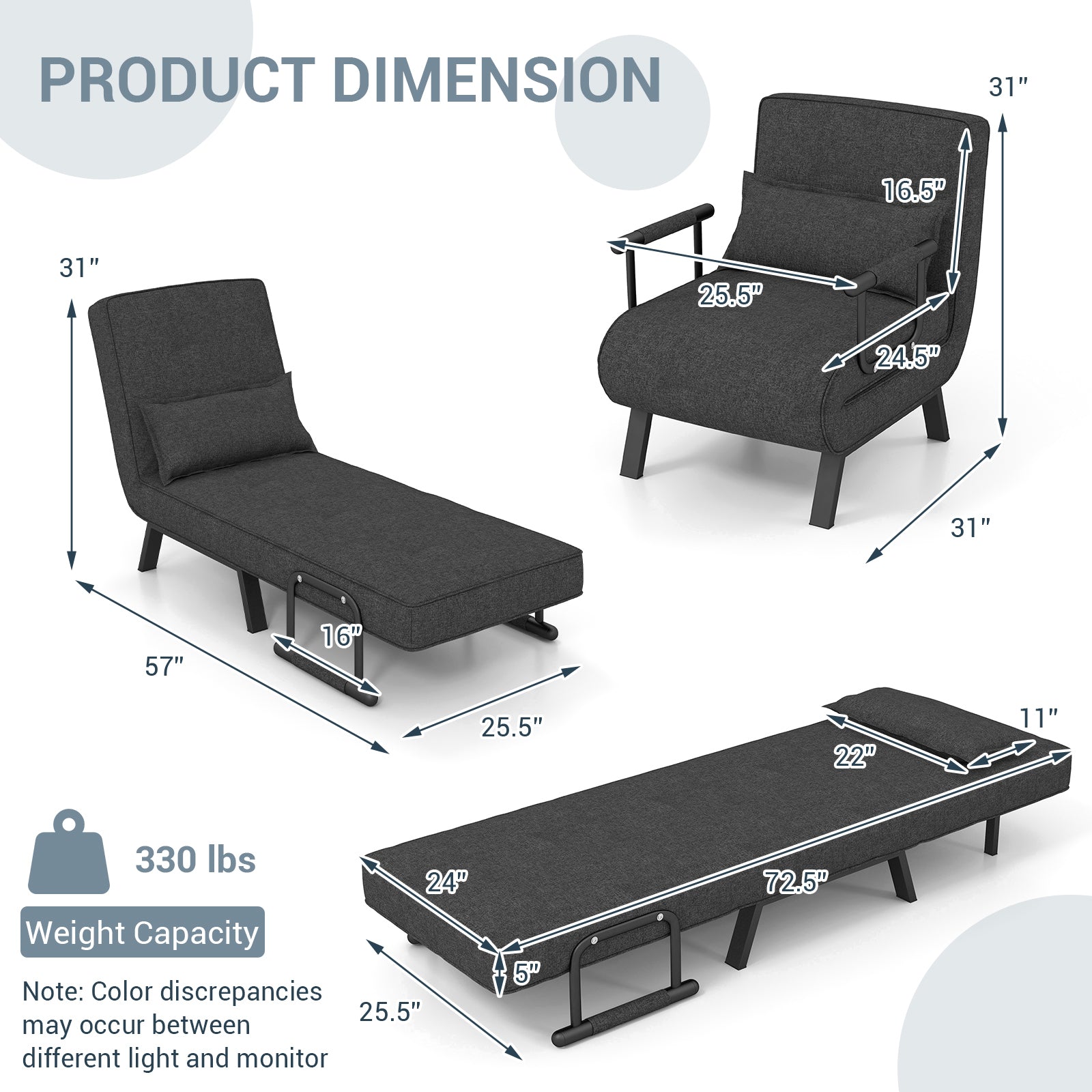 Folding Convertible Sleeper Bed Armchair Sofa Lounge Couch Recliner with Pillow and 6 Adjustable Backrest