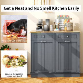 Hikidspace Rubber Wood Sideboards Kitchen Trash Cabinet with Single Trash Can Holder and Adjustable Shelf_Gray