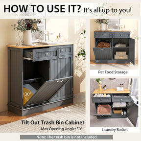 Hikidspace Rubber Wood Sideboards Kitchen Trash Cabinet with Single Trash Can Holder and Adjustable Shelf_Gray