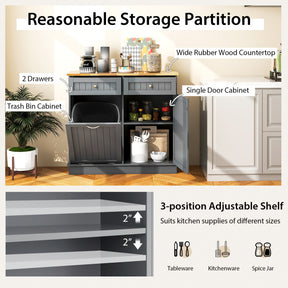 Hikidspace Rubber Wood Sideboards Kitchen Trash Cabinet with Single Trash Can Holder and Adjustable Shelf_Gray