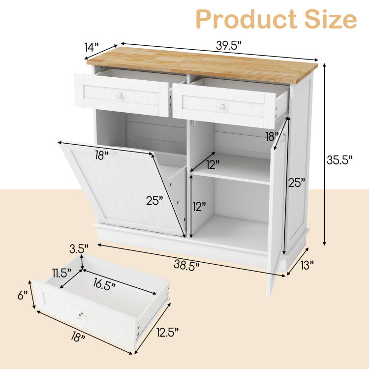 Hikidspace Rubber Wood Sideboards Kitchen Trash Cabinet with Single Trash Can Holder and Adjustable Shelf_White