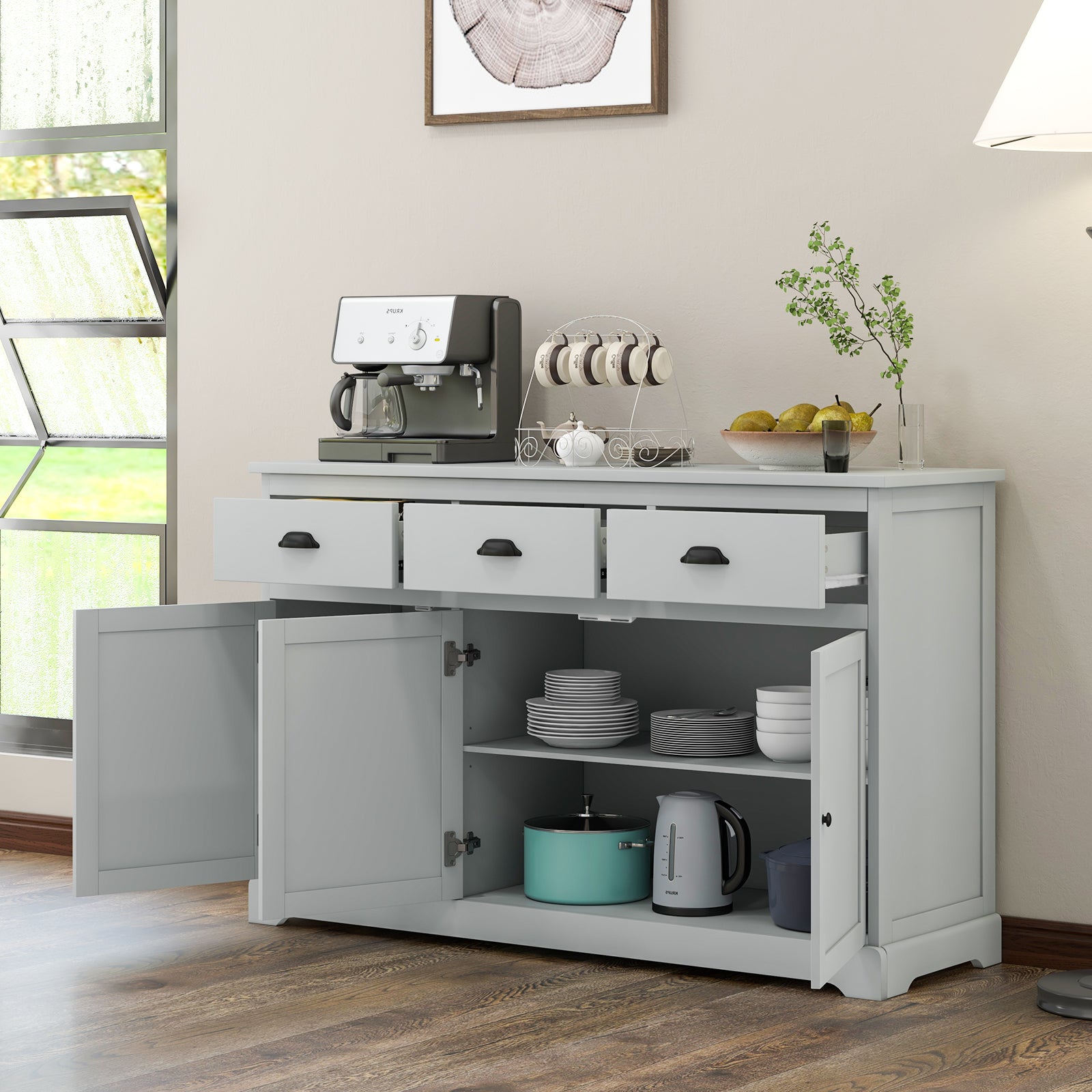 Sideboard Buffet Storage Cabinet with Adjustable Shelves and 3 Drawers