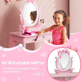 Kid Vanity Table Stool Set with Oval Rotatable Mirror & Drawer