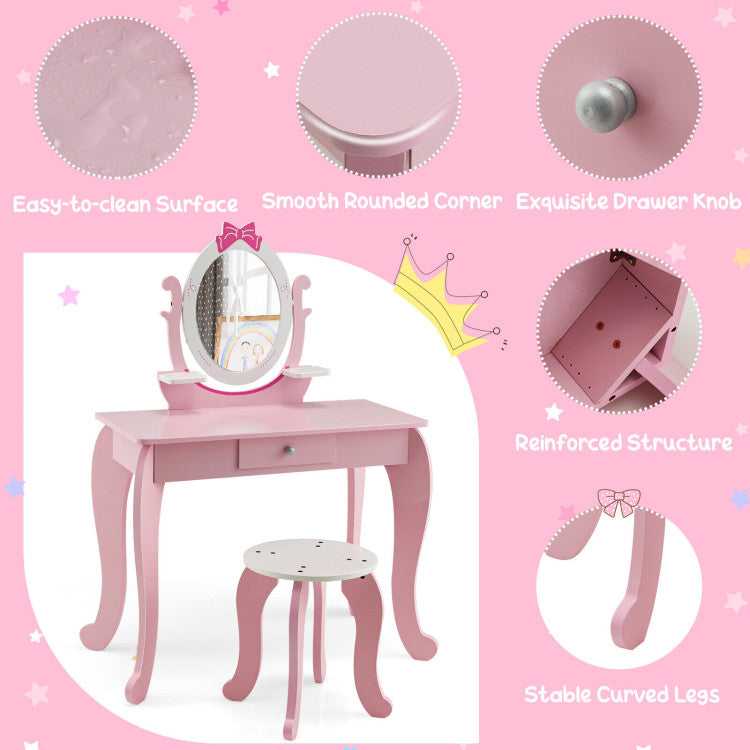 Kid Vanity Table Stool Set with Oval Rotatable Mirror & Drawer