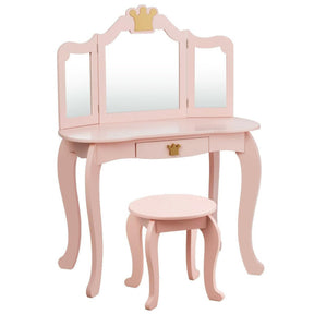 Kids Makeup Dressing Table Stool Set with Tri-folding Mirror and Drawer