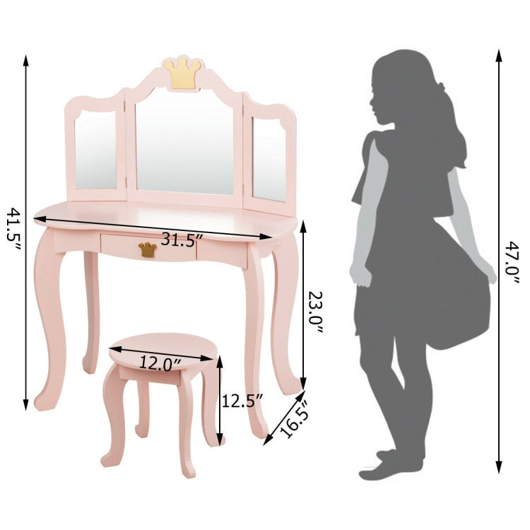 Kids Makeup Dressing Table Stool Set with Tri-folding Mirror and Drawer