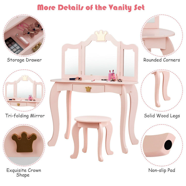 Kids Makeup Dressing Table Stool Set with Tri-folding Mirror and Drawer