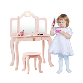 Kids Makeup Dressing Table Stool Set with Tri-folding Mirror and Drawer