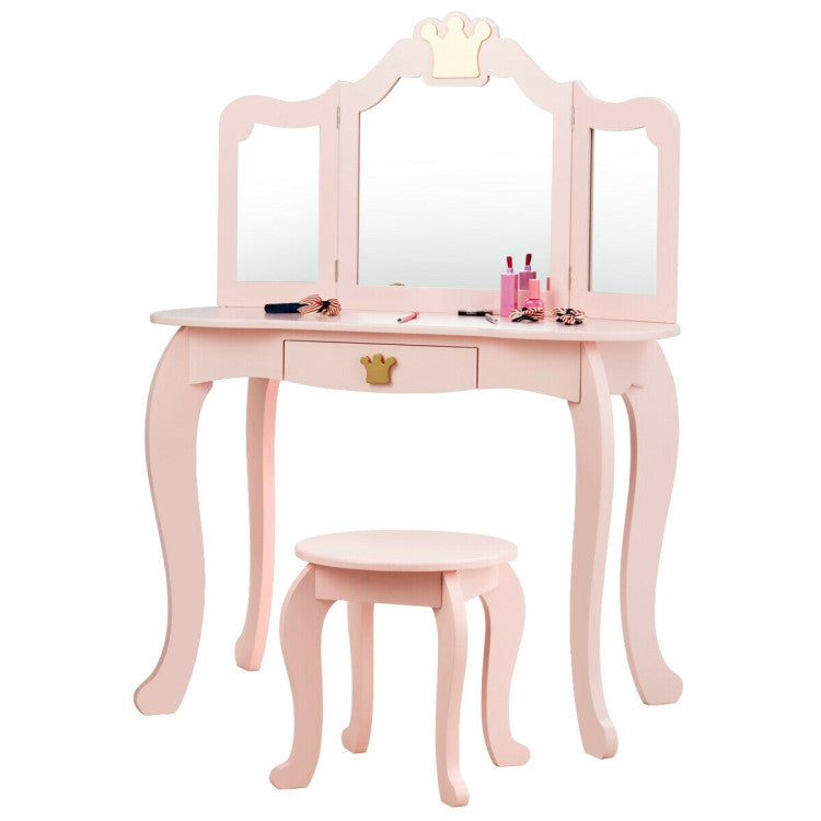 Kids Makeup Dressing Table Stool Set with Tri-folding Mirror and Drawer