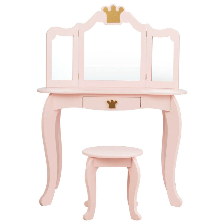 Kids Makeup Dressing Table Stool Set with Tri-folding Mirror and Drawer