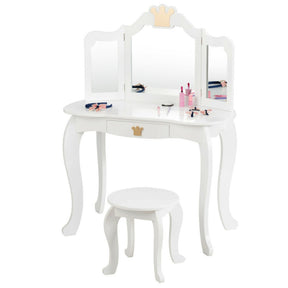 Kids Makeup Dressing Table Stool Set with Tri-folding Mirror and Drawer