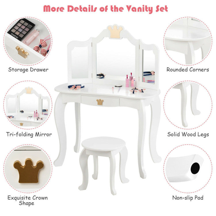 Kids Makeup Dressing Table Stool Set with Tri-folding Mirror and Drawer