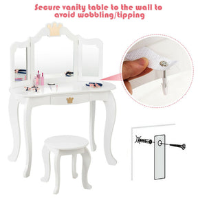 Kids Makeup Dressing Table Stool Set with Tri-folding Mirror and Drawer