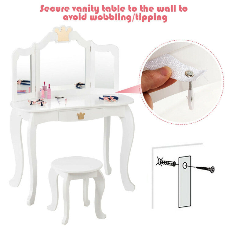 Kids Makeup Dressing Table Stool Set with Tri-folding Mirror and Drawer