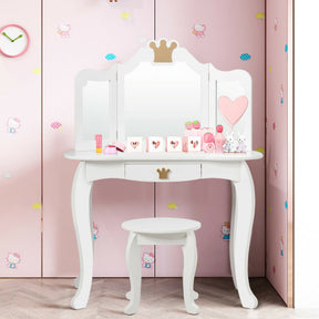 Kids Makeup Dressing Table Stool Set with Tri-folding Mirror and Drawer