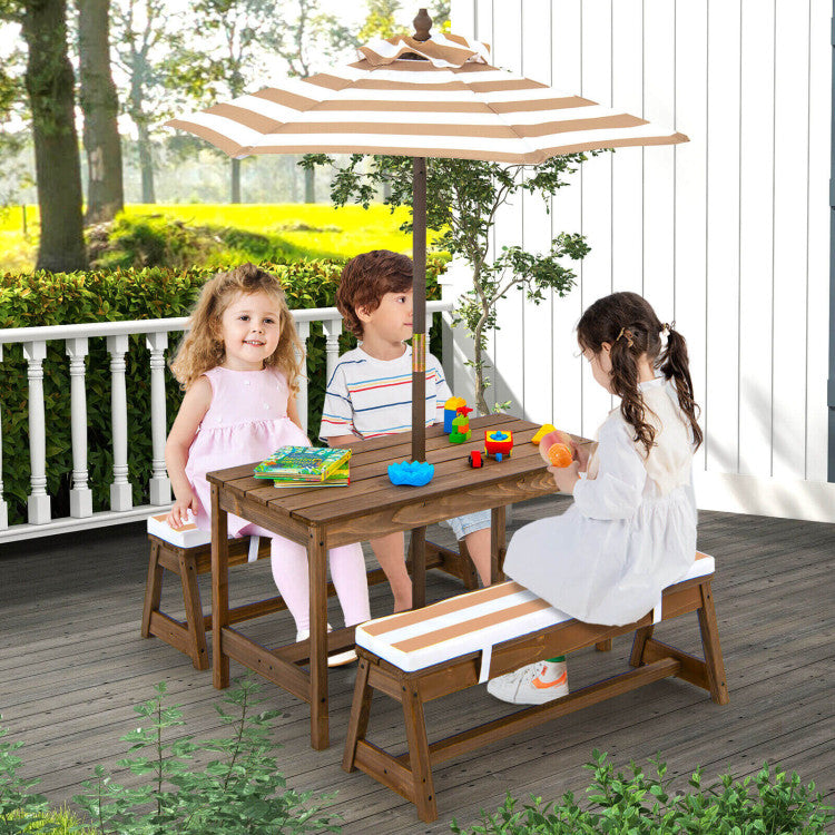 Kids Picnic Table and Chairs Activity Outdoor Furniture with Adjustable Umbrella
