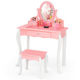 Kids Princess Makeup Dressing Vanity Table Chair Set with 360° Rotatable Mirror and Drawer_Pink