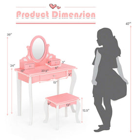 Kids Princess Makeup Dressing Vanity Table Chair Set with 360° Rotatable Mirror and Drawer_Pink