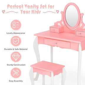 Kids Princess Makeup Dressing Vanity Table Chair Set with 360° Rotatable Mirror and Drawer_Pink